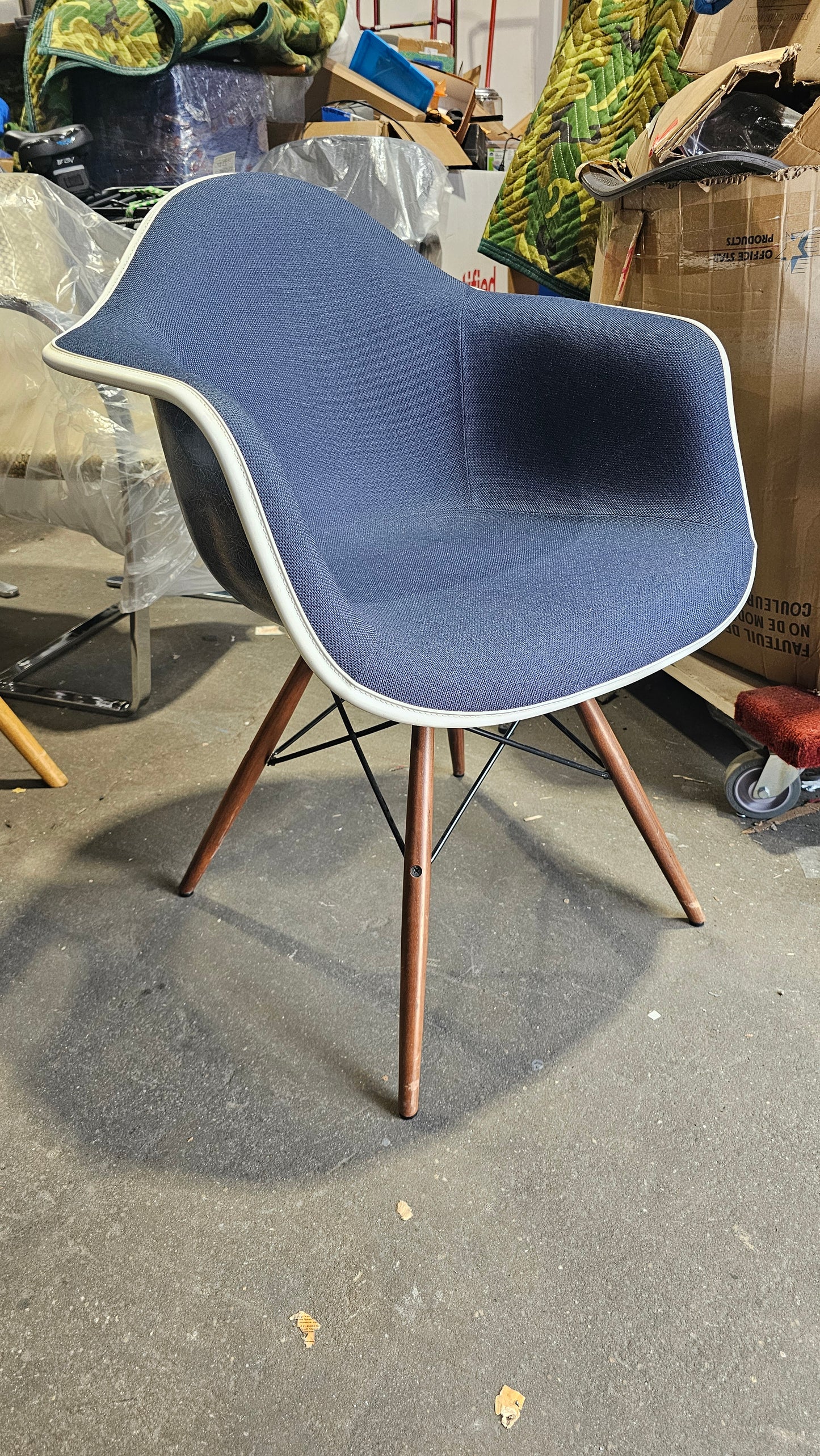 Herman Miller Eames Molded Armchair with Dowel Legs in Blue Fabric