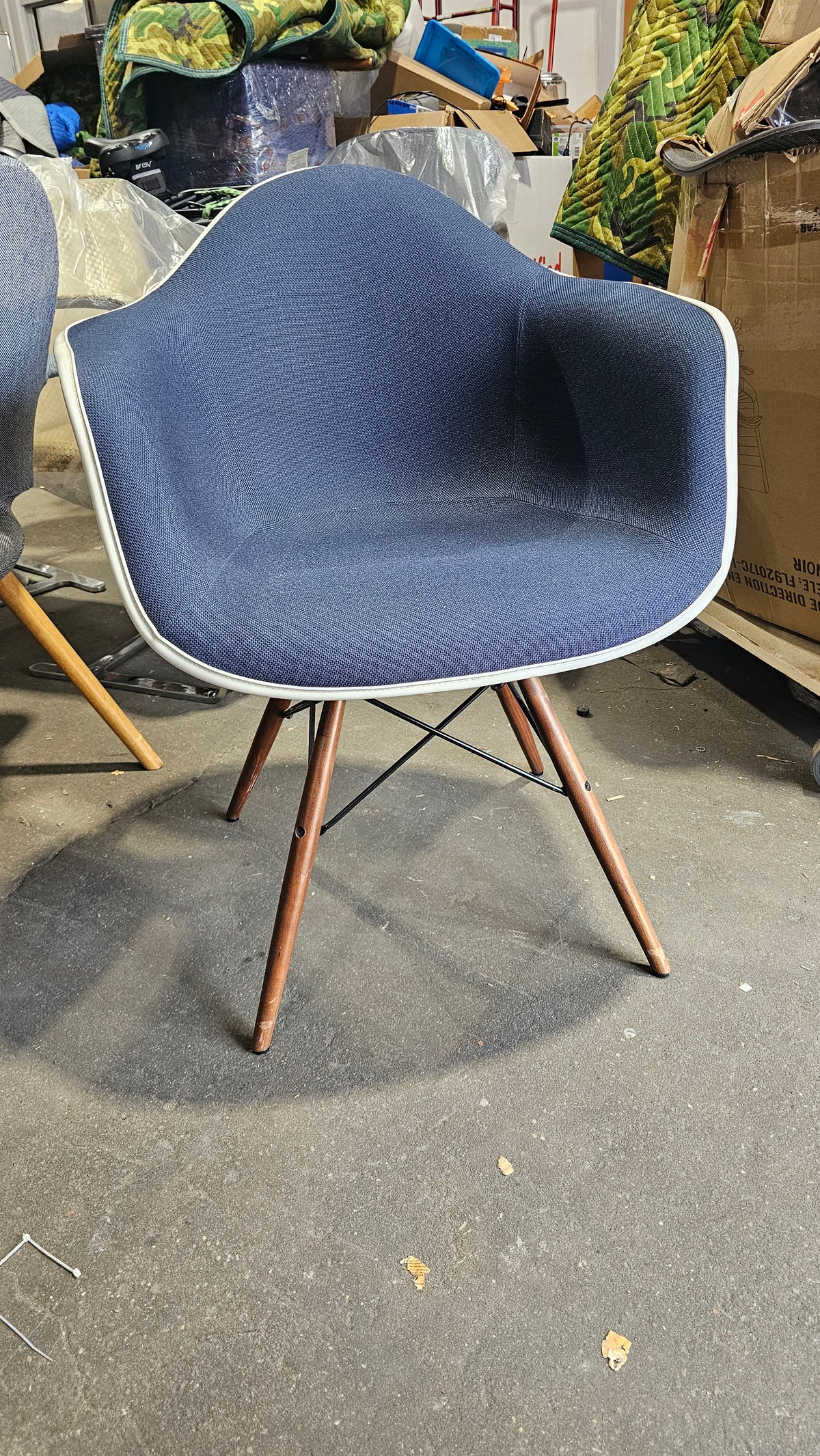 Herman Miller Eames Molded Armchair with Dowel Legs in Blue Fabric