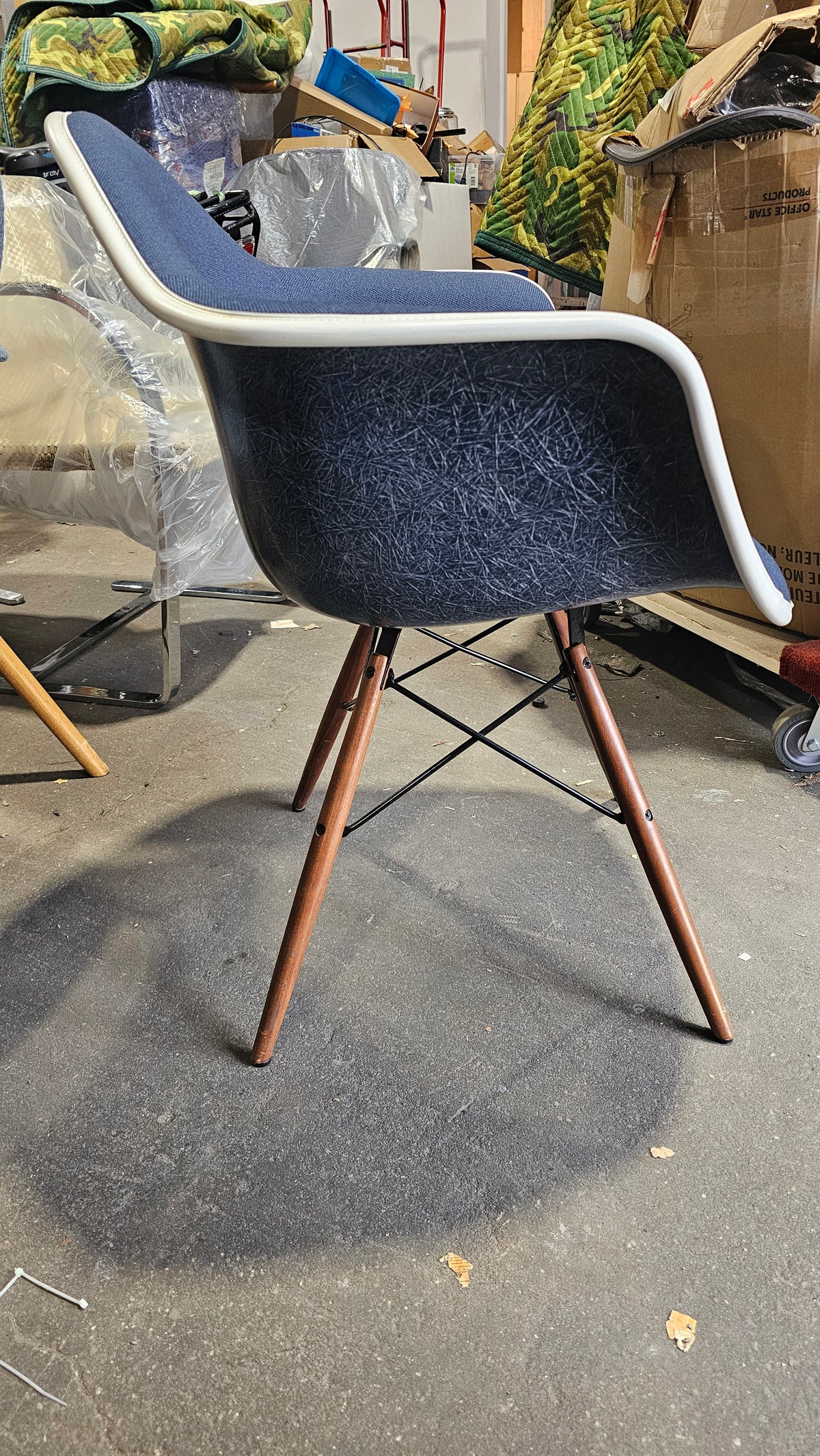 Herman Miller Eames Molded Armchair with Dowel Legs in Blue Fabric