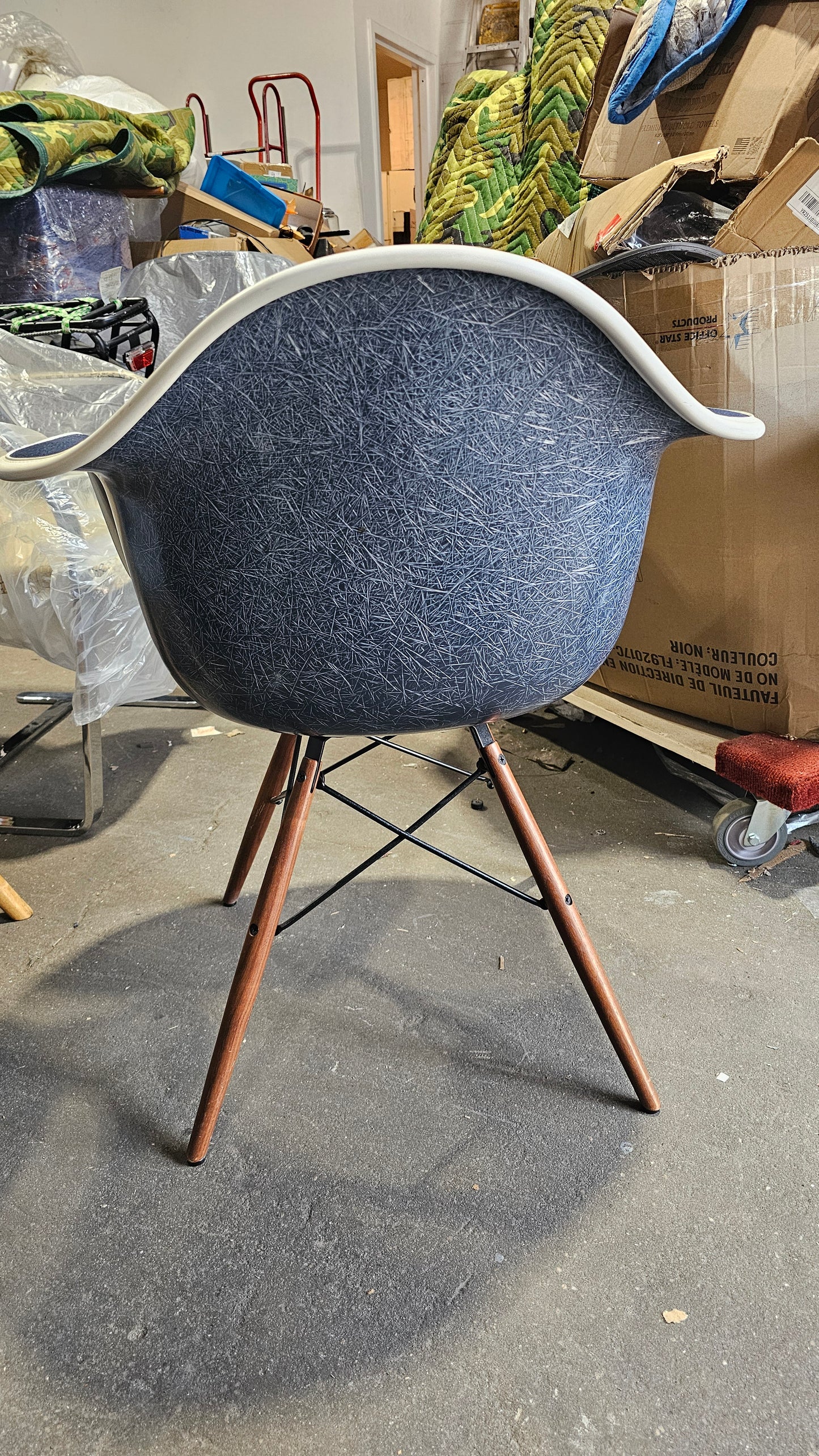 Herman Miller Eames Molded Armchair with Dowel Legs in Blue Fabric