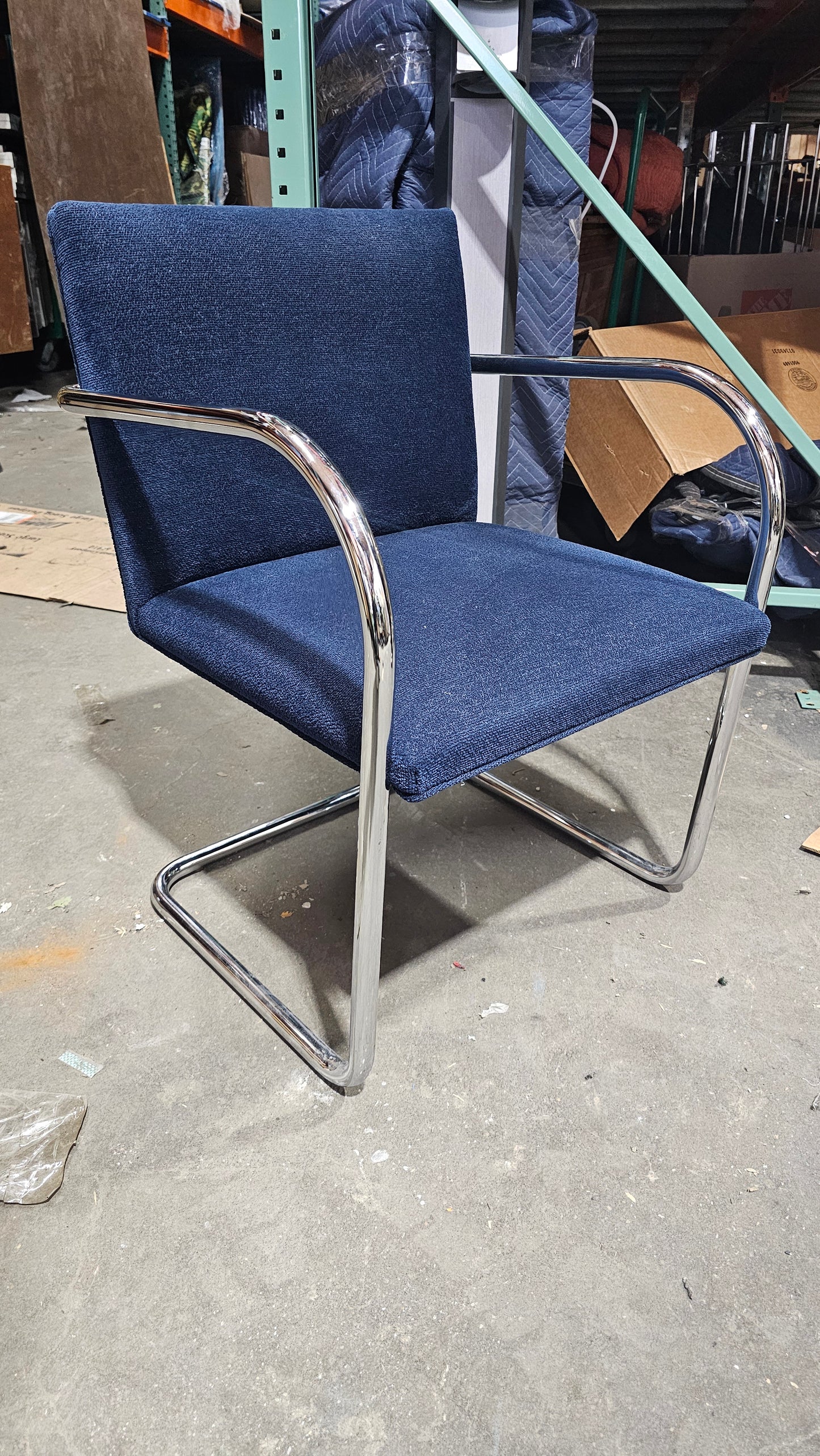 Knoll BRNO Chair in Dark Blue Fabric with Polished Chrome Arms