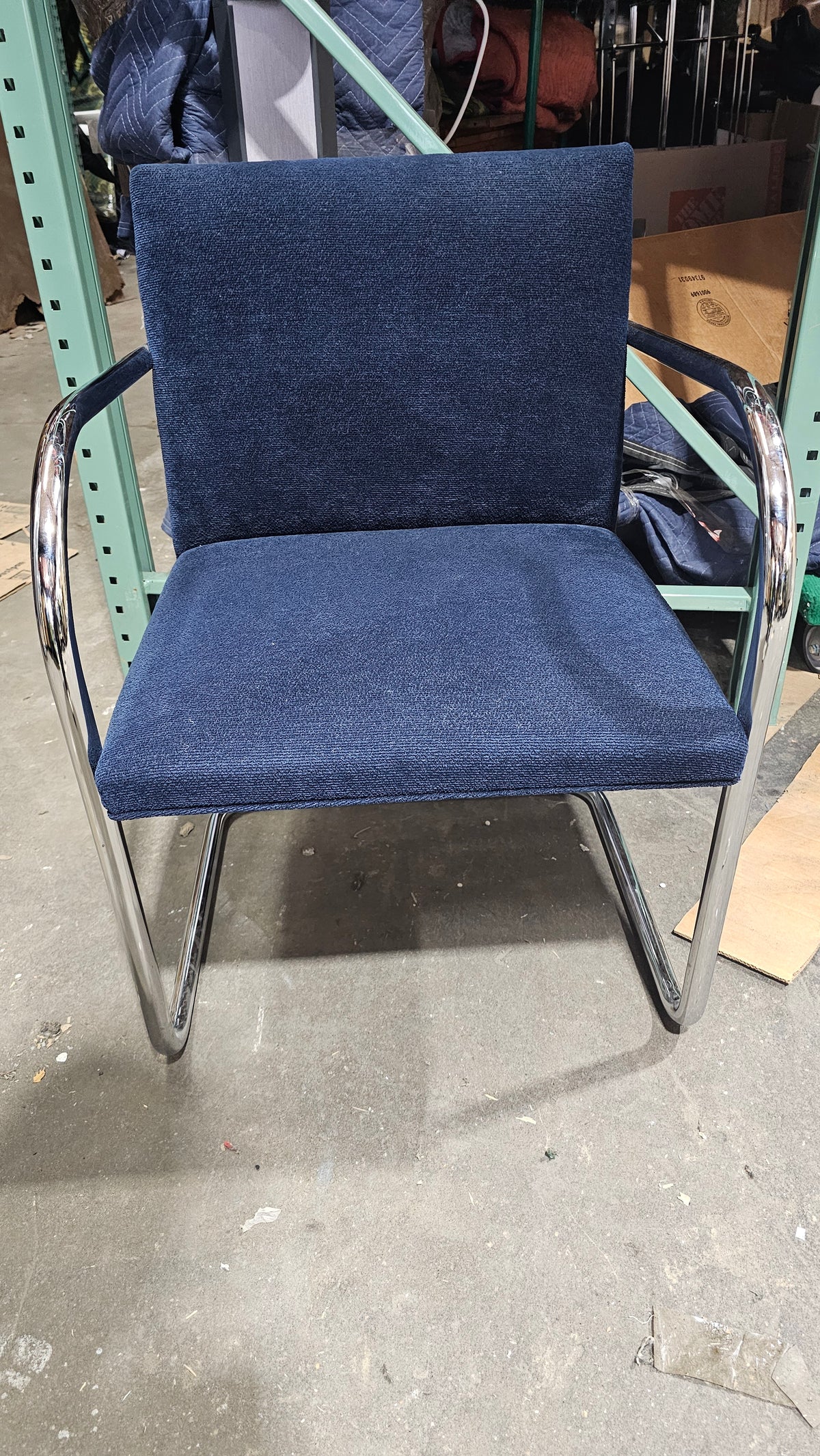 Knoll BRNO Chair in Dark Blue Fabric with Polished Chrome Arms
