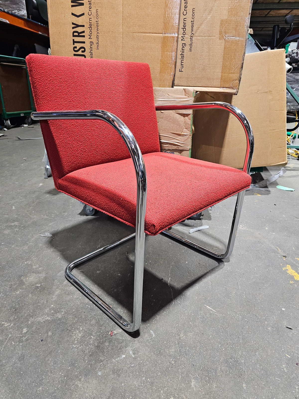 Knoll BRNO Chair in Red Fabric with Straight Polished Chrome Arms