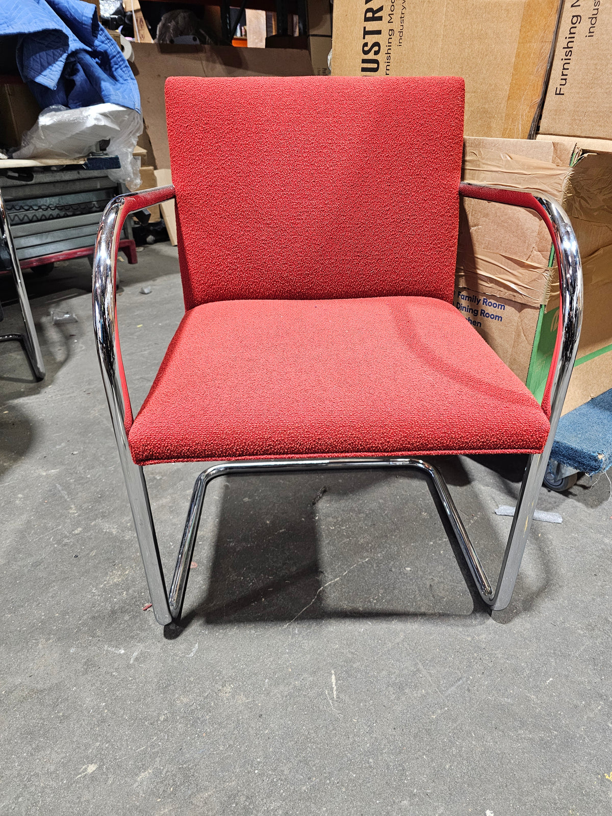 Knoll BRNO Chair in Red Fabric with Straight Polished Chrome Arms