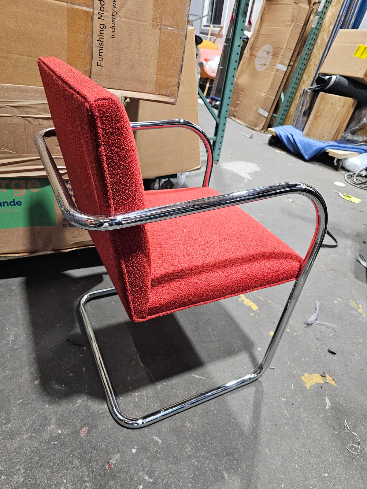 Knoll BRNO Chair in Red Fabric with Straight Polished Chrome Arms