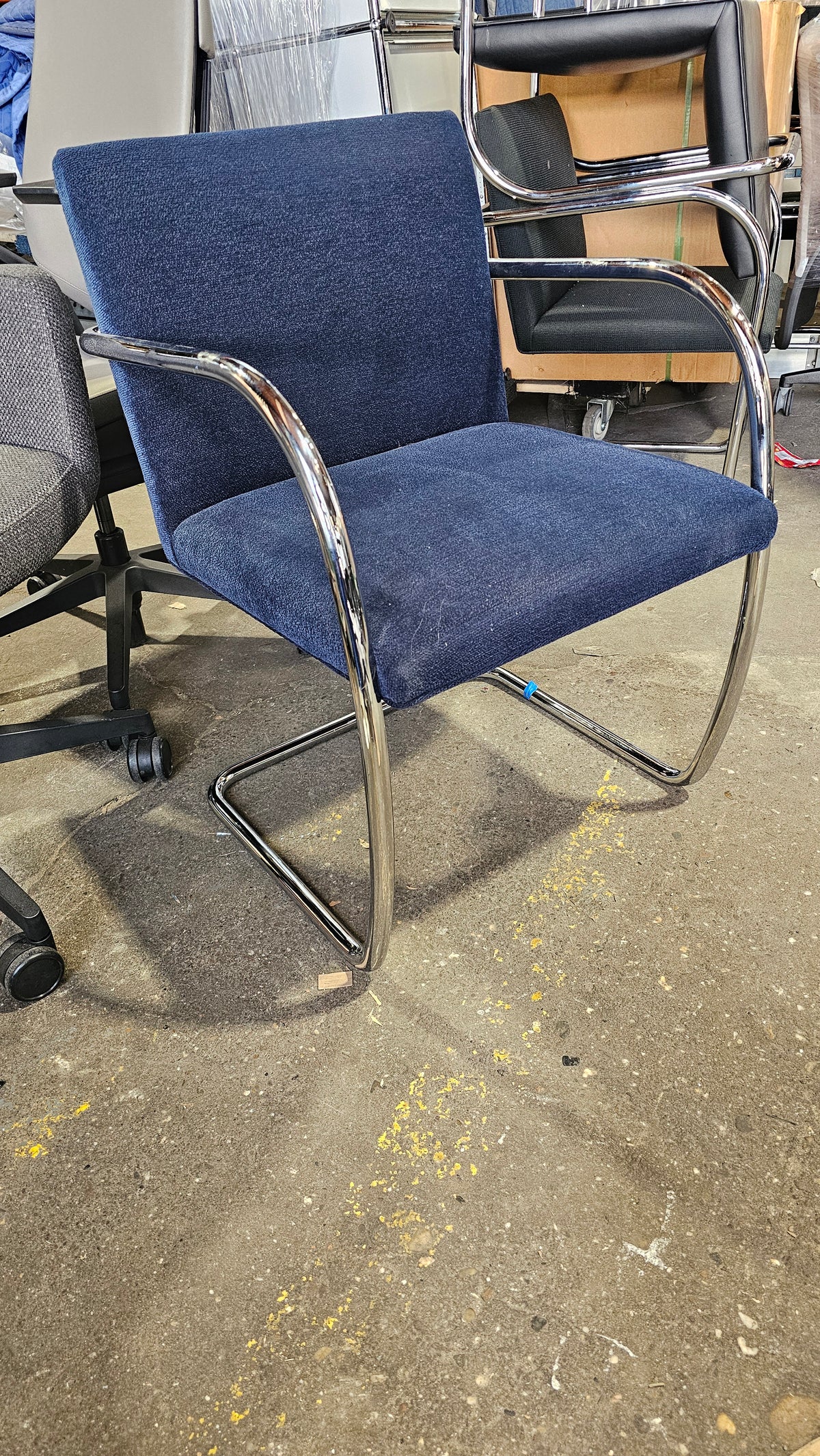 Knoll BRNO Chair in Dark Blue Fabric with Rounded Polished Chrome Arms