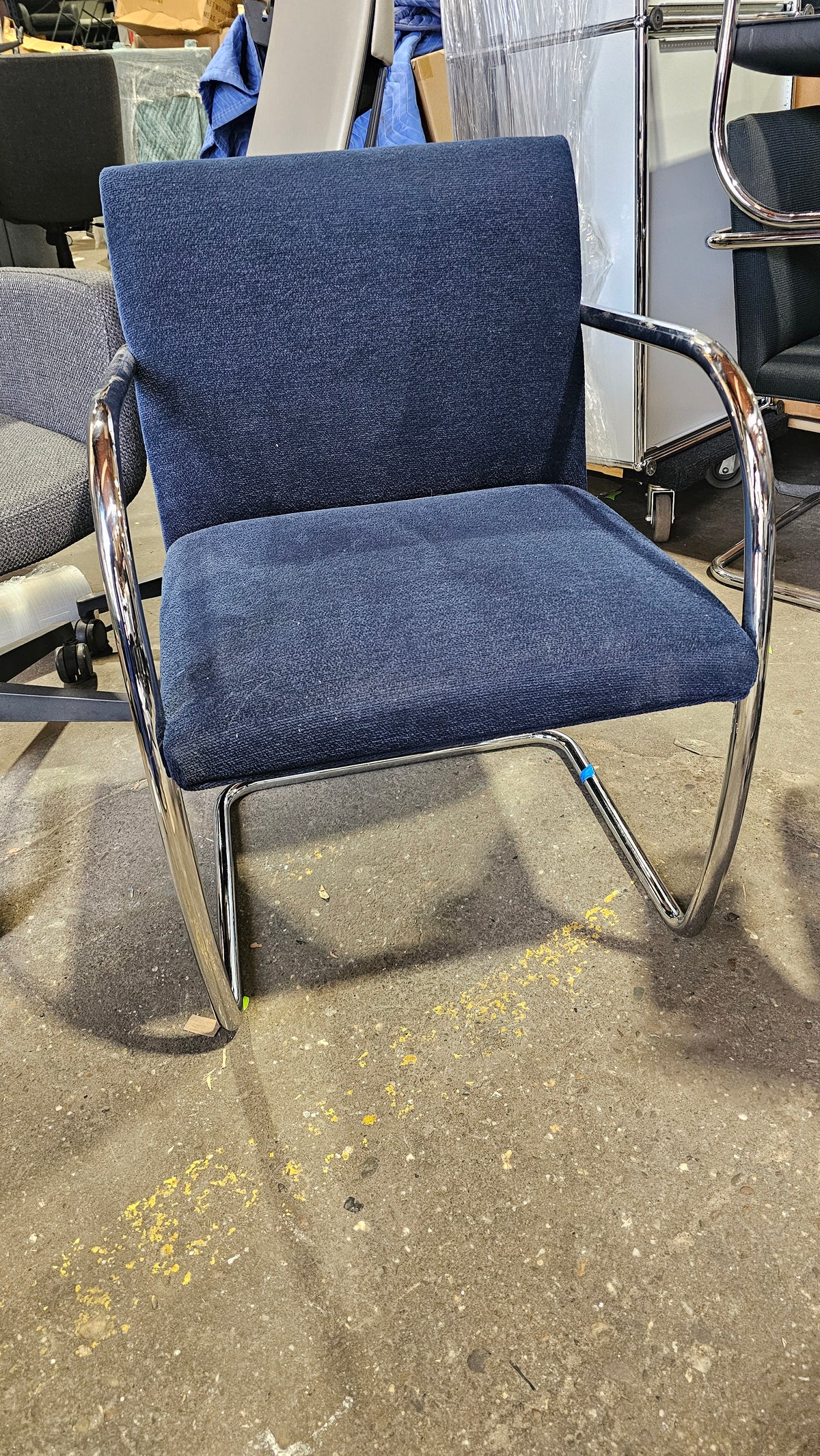 Knoll BRNO Chair in Dark Blue Fabric with Rounded Polished Chrome Arms