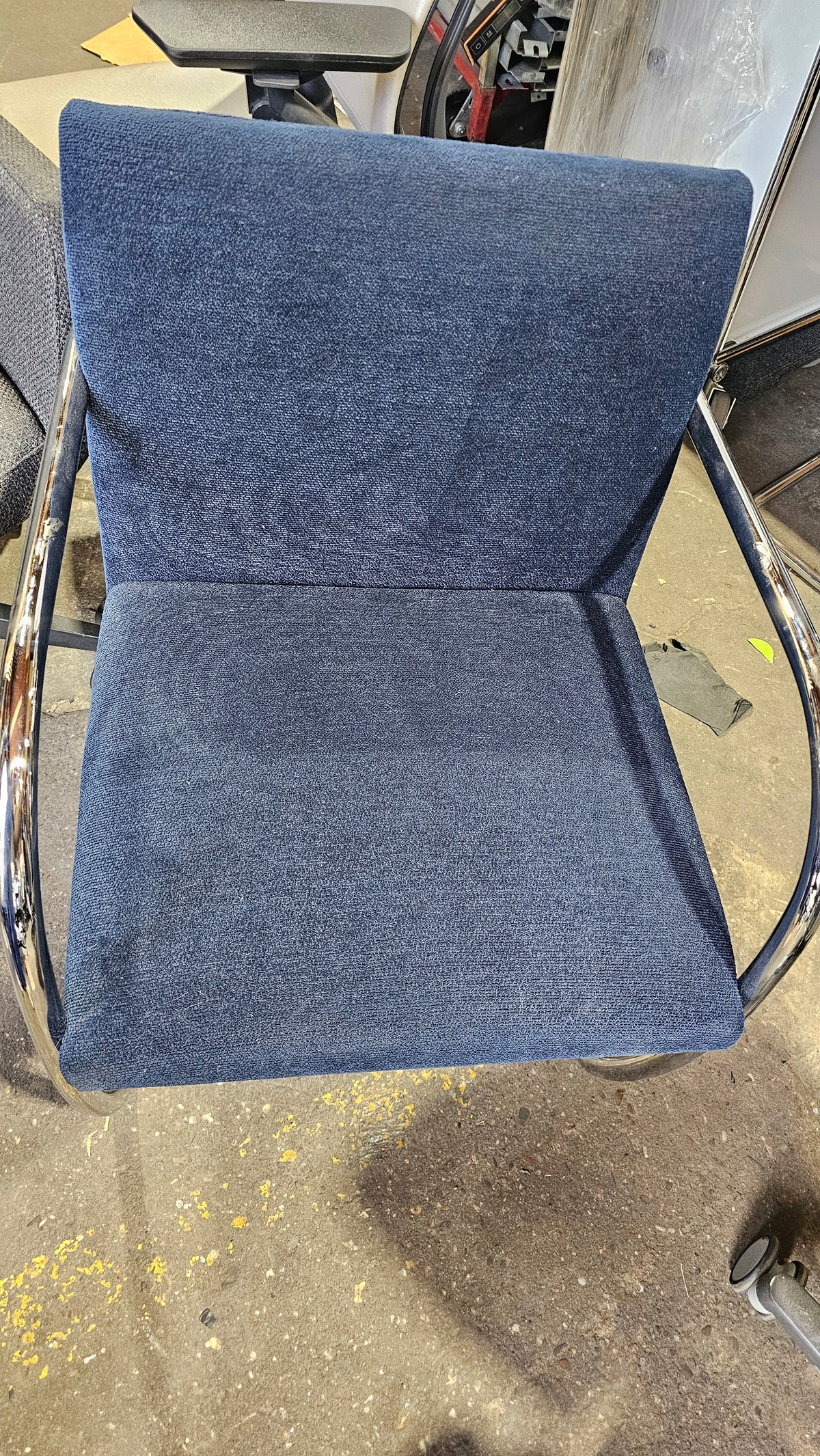 Knoll BRNO Chair in Dark Blue Fabric with Rounded Polished Chrome Arms