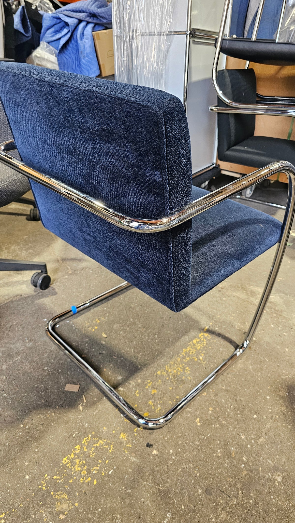Knoll BRNO Chair in Dark Blue Fabric with Rounded Polished Chrome Arms