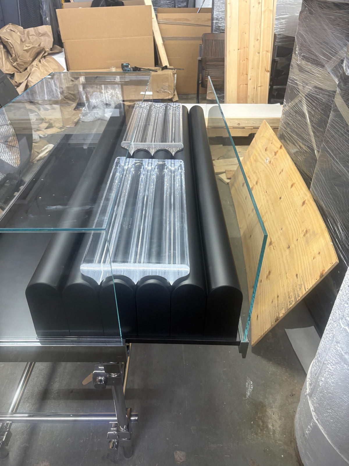 Postmodern Glass Retail Display Case with Chrome Tubular Base