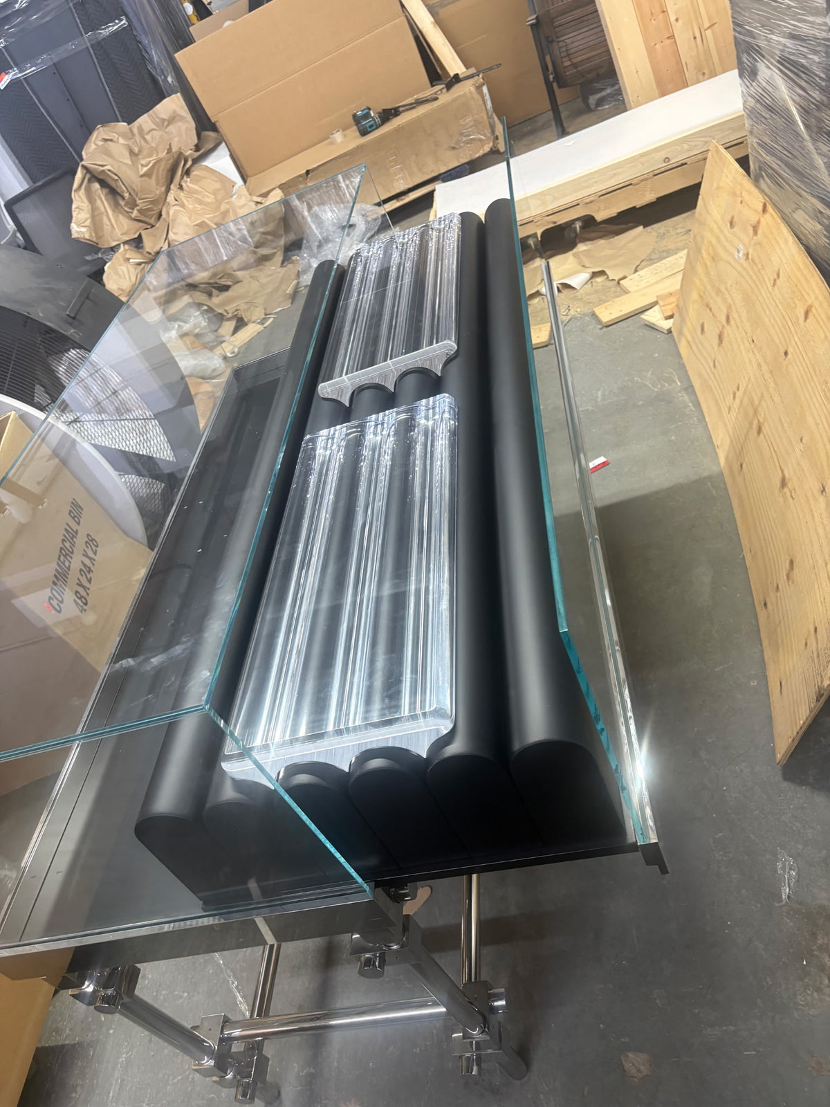 Postmodern Glass Retail Display Case with Chrome Tubular Base