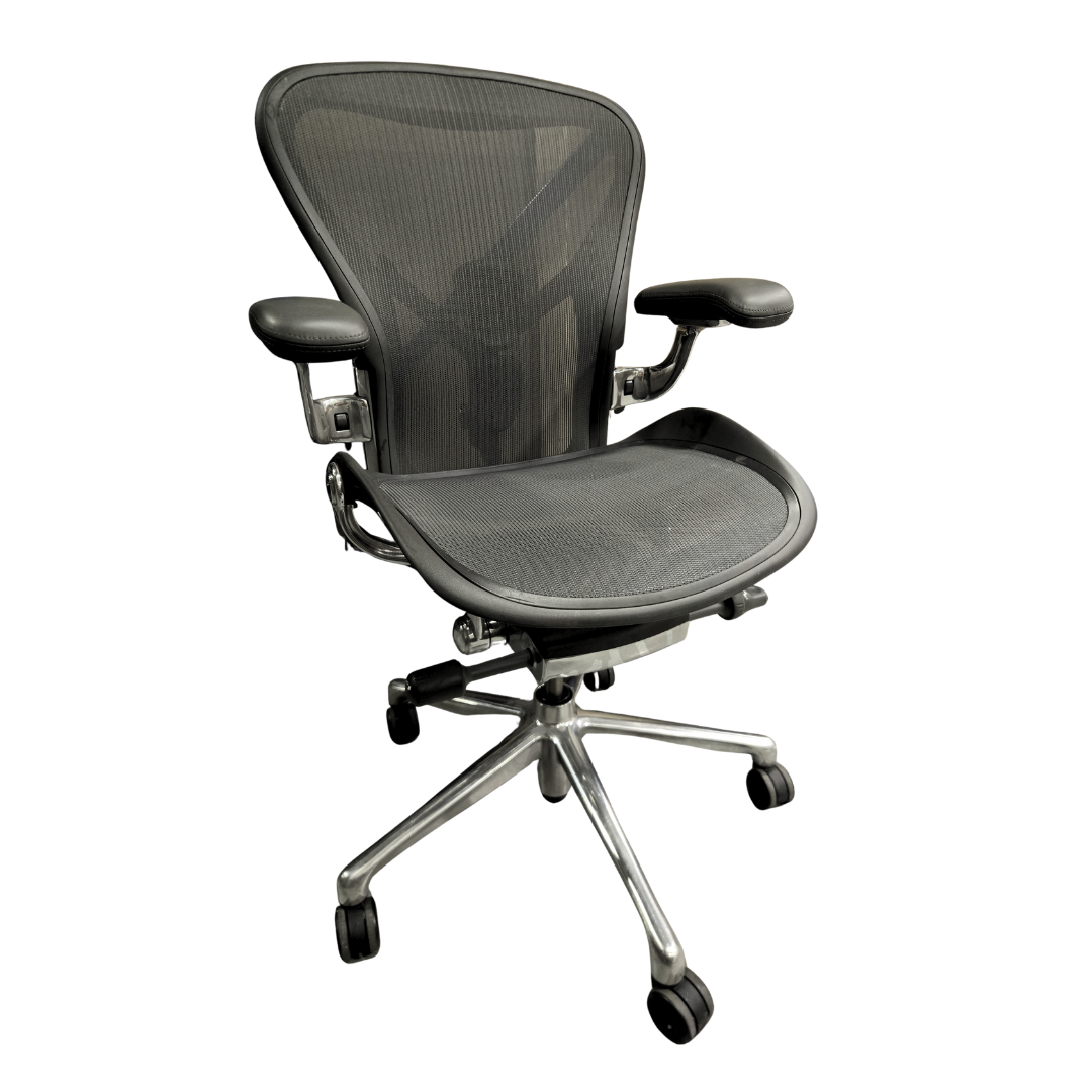 Herman Miller Executive Remastered Aeron Chair, Size B, in Graphite with Aluminum Base, Posturefit SL and Leather Armpads