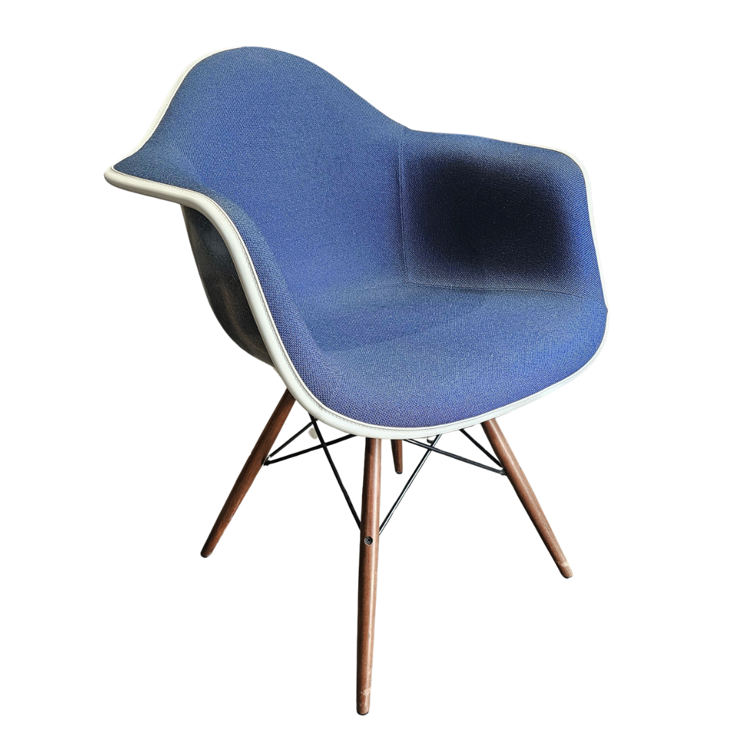 Herman Miller Eames Molded Armchair with Dowel Legs in Blue Fabric