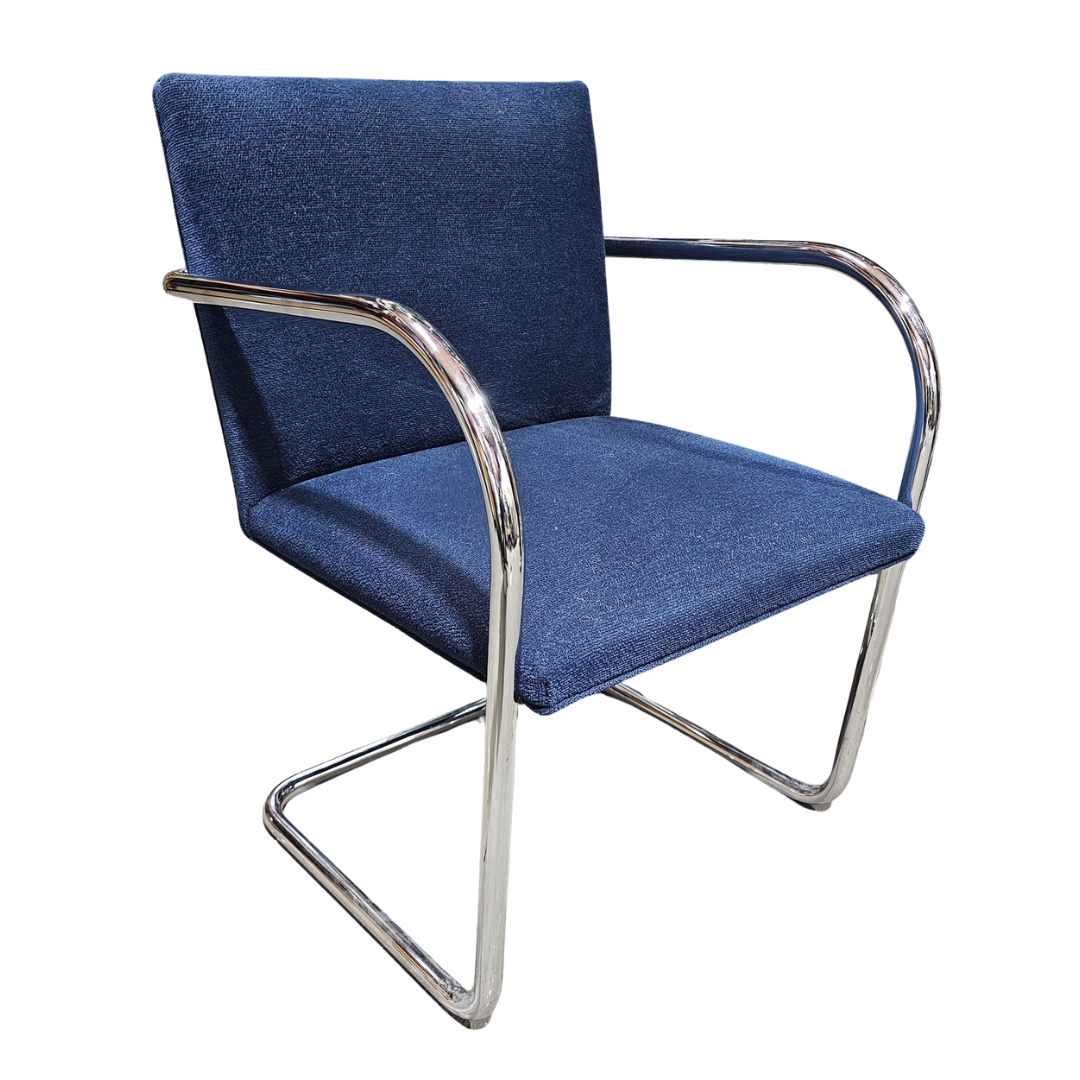 Knoll BRNO Chair in Dark Blue Fabric with Polished Chrome Arms