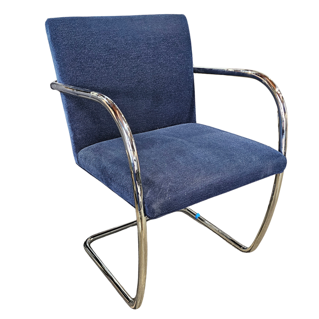 Knoll BRNO Chair in Dark Blue Fabric with Rounded Polished Chrome Arms