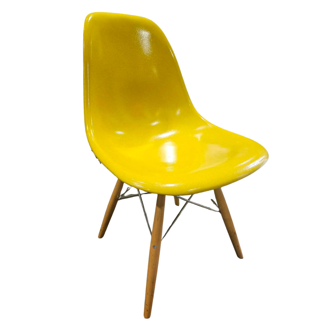 Modernica Case Study (Eames Style) Fiberglass Side Chair in Yellow with Dowel Legs