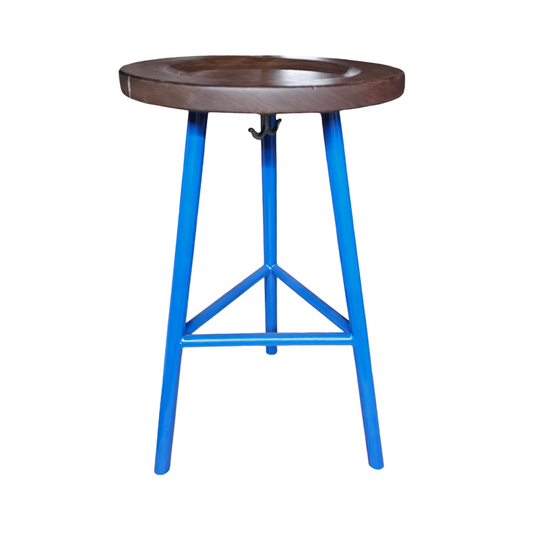 Industrial Style Blue Metal Counter Height Stool with Walnut Wood Seat