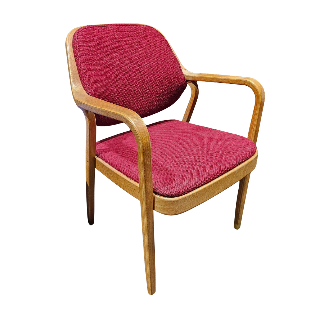 Knoll Don Petitt 1105 Bentwood Armchair in Berry Red Fabric with Natural Oak Frame