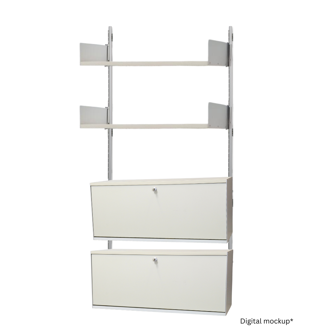 Vitsoe Shelving System with 2 Shelves, 1 Drawer and 1 Fold-Down Door in Off-White