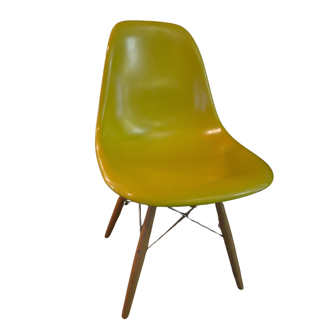 Modernica Case Study (Eames-Style) Fiberglass Side Chair in Yellow with Dowel Legs