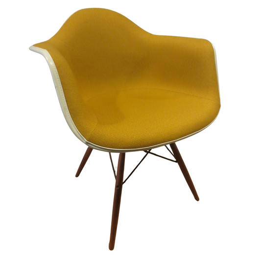 Herman Miller Eames Molded Armchair with Dowel Legs in Yellow Fabric
