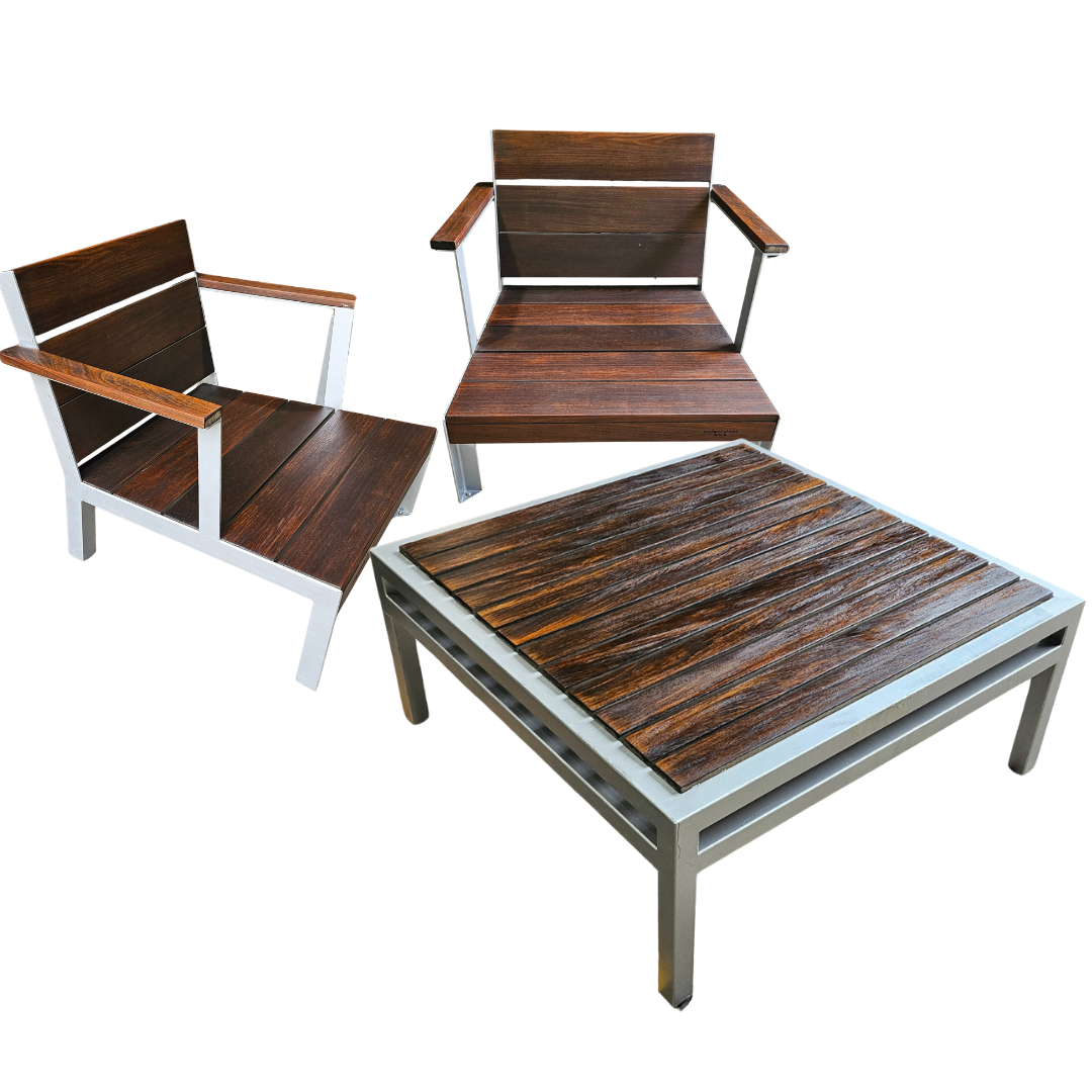 Modern Outdoor Etra Square Coffee Table and 2 Club Chairs