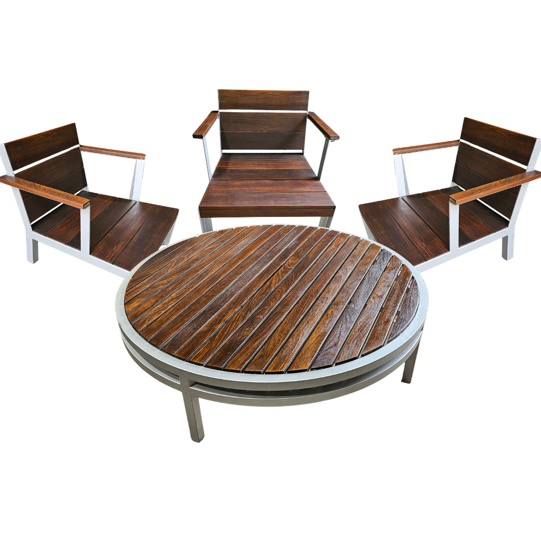 Modern Outdoor Etra Round Coffee Table and 3 Club Chairs
