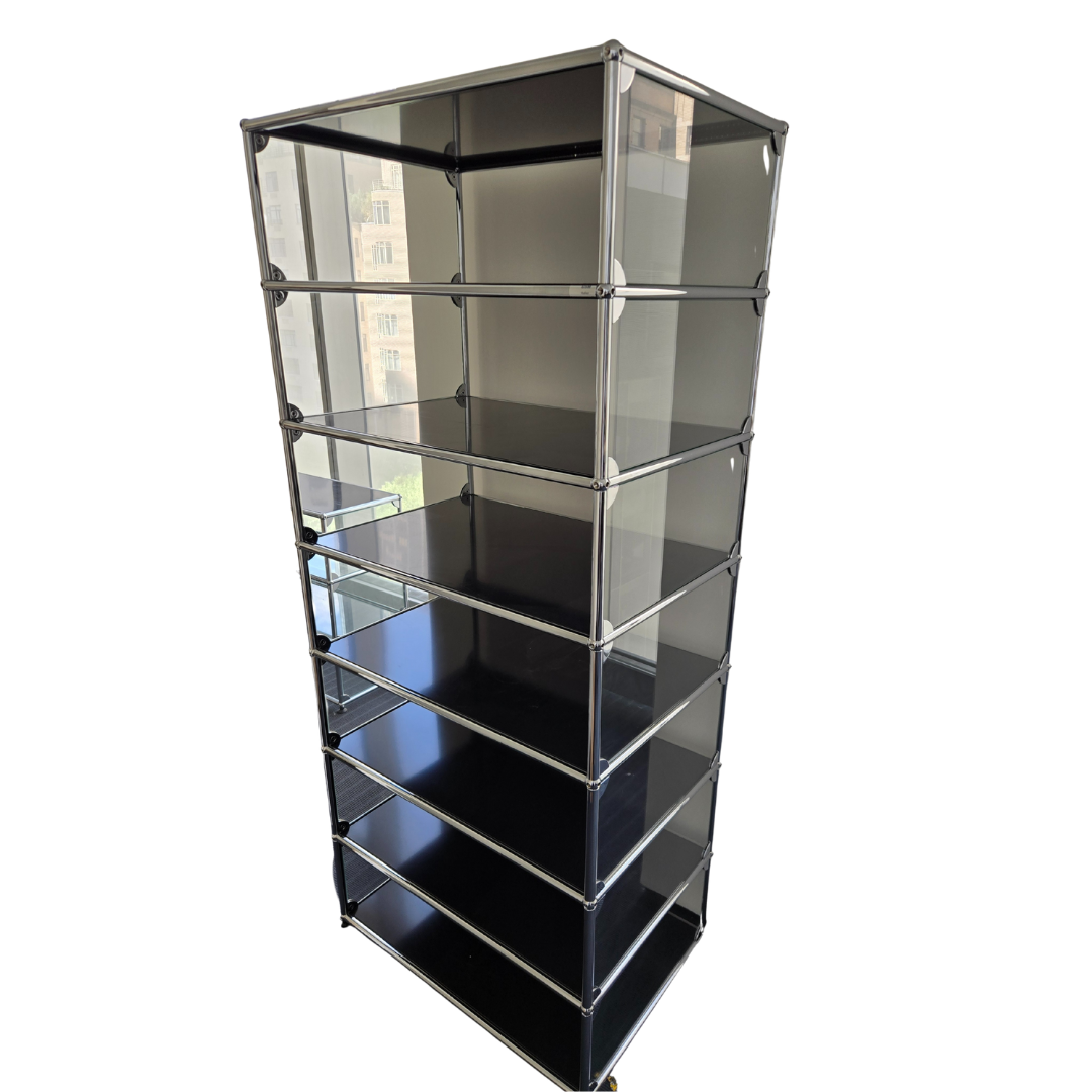 USM Haller 1x7 7-Shelf Bookcase in Black with Glass Sides