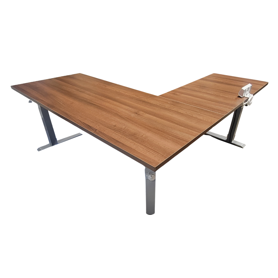 SitOnIt Switchback 3-Leg L-Shaped Height-Adjustable Desk in Walnut Laminate