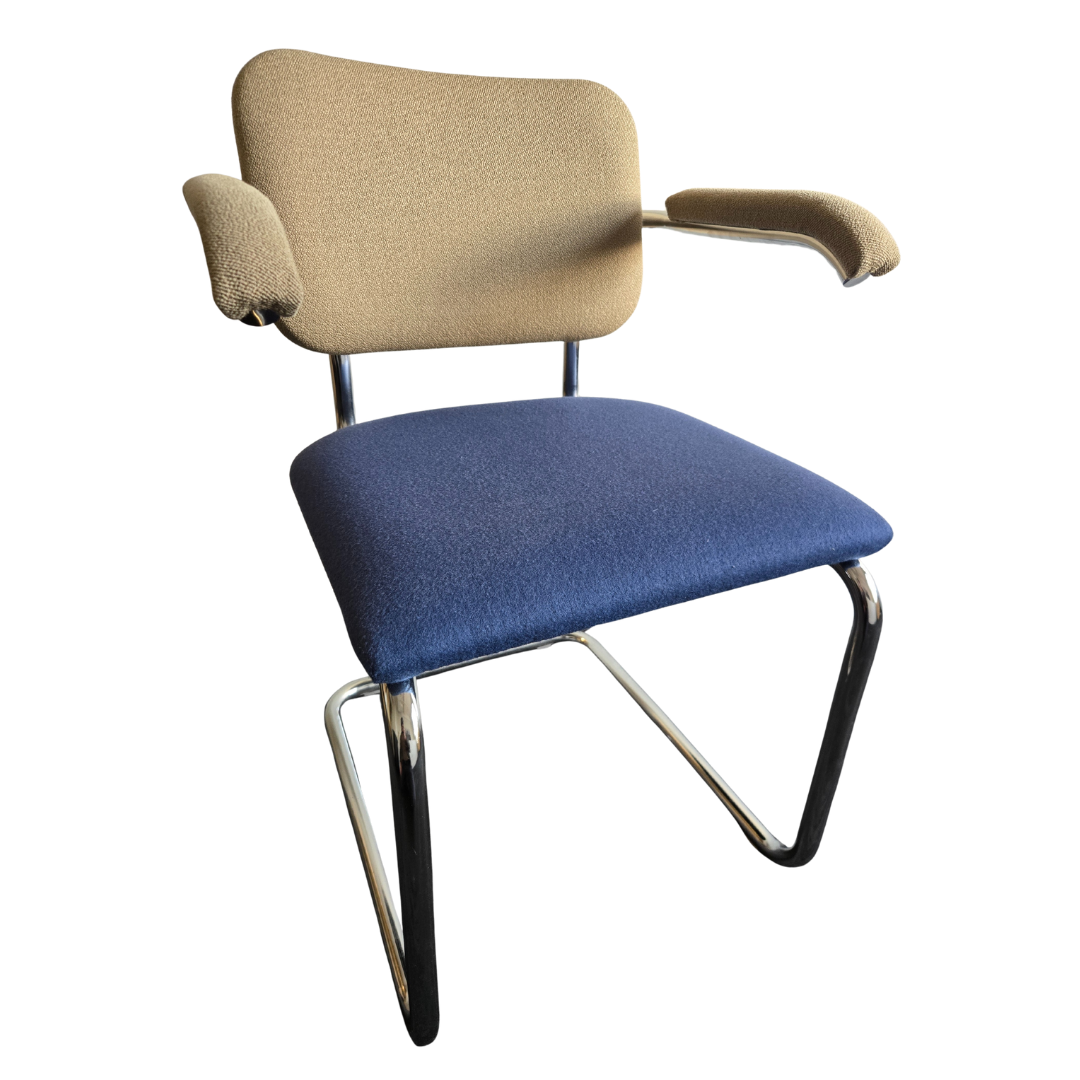 Knoll Cesca Upholstered Side Armchair with Blue Seat and Beige Back