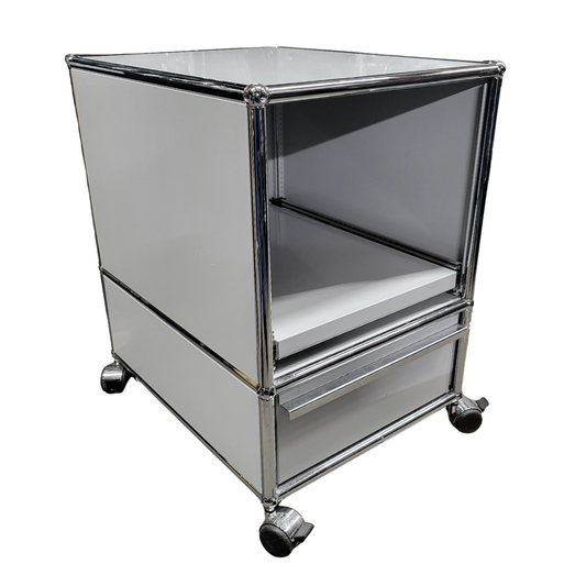 USM Haller Rolling Nightstand / Pedestal File Cabinet with 1 Drawer and 1 Pull-Out Shelf in Light Grey