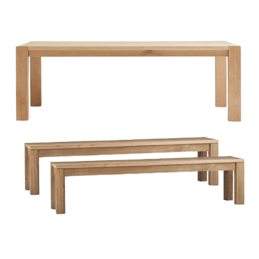Crate & Barrel Big Sur 90-in Natural Oak Solid Wood Dining Table + 2 Pacifica Benches