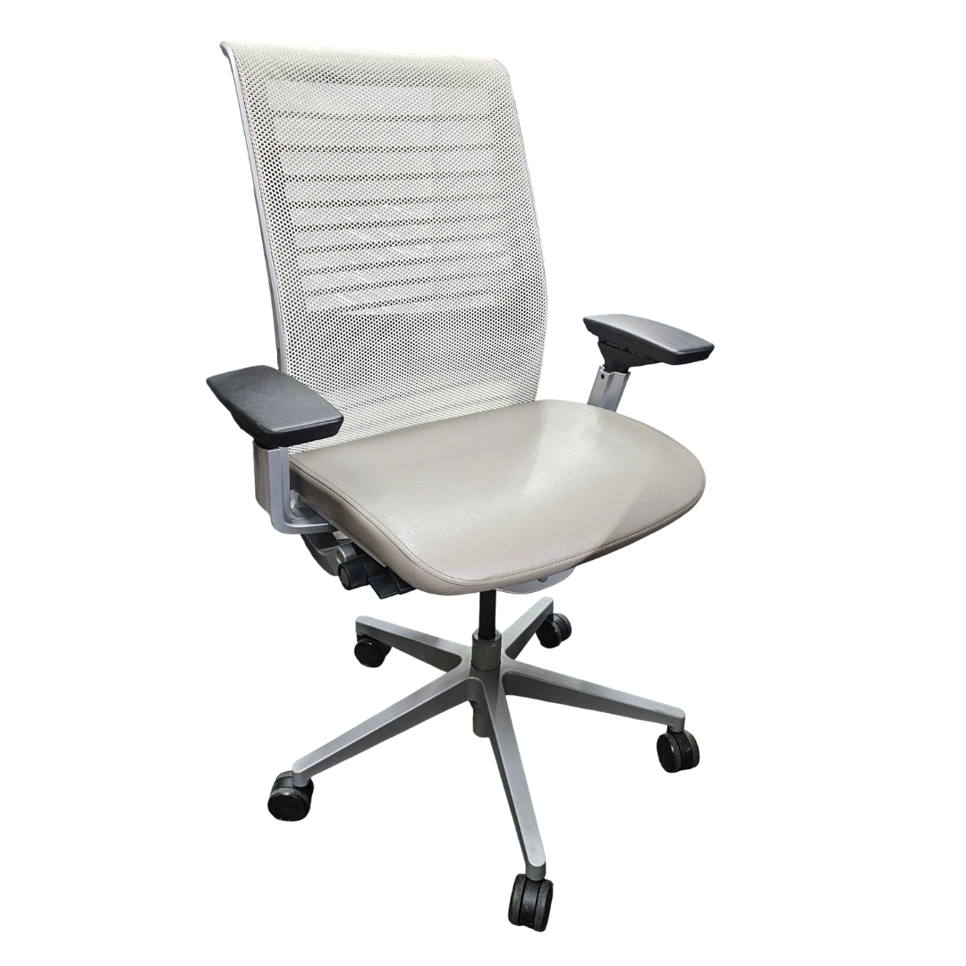 Steelcase Think V2 Chair in White Back and Light Grey Eco-Leather Seat