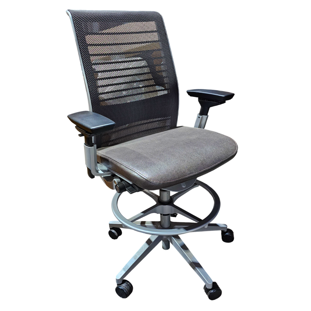Steelcase Think V2 Drafting Stool in Black Back and Brown Eco-Leather Seat