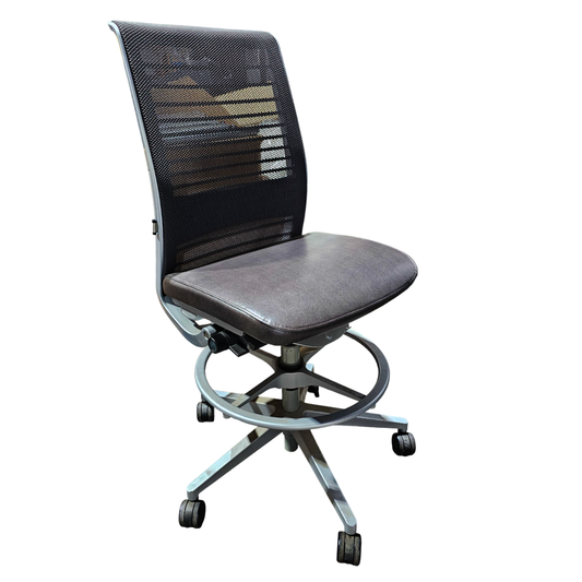 Steelcase Think V2 Armless Drafting Stool in Black Back and Brown Eco-Leather Seat