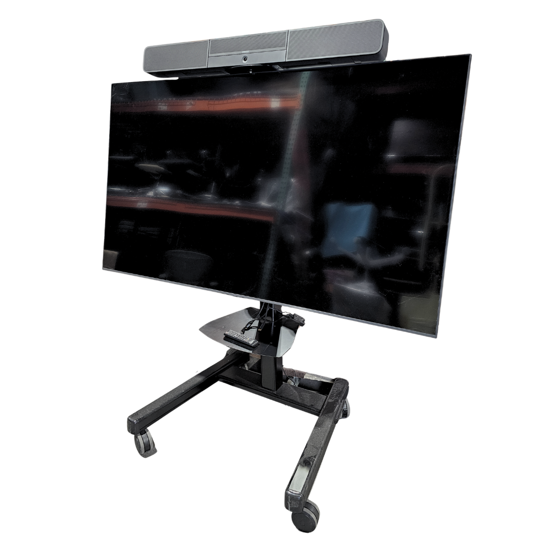 Samsung BE75T-H 75" Commercial LED TV with Chief Mobile Stand + Crestron UC-SB1-CAM Video Conference Smart Soundbar & Camera