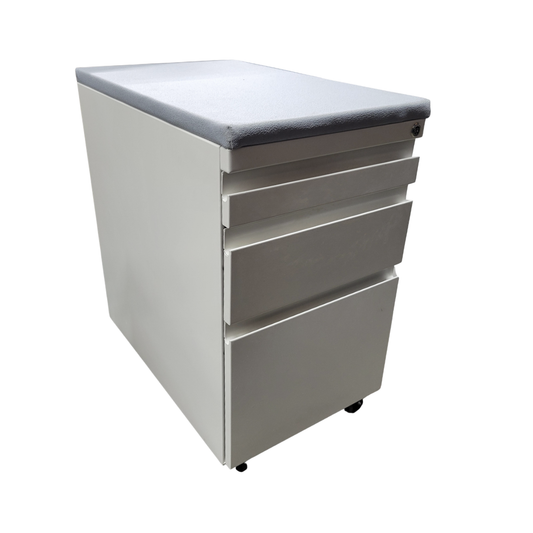Haworth Three-Drawer Mobile Filing Pedestal in White with Upholstered Seat in Light Blue / Grey
